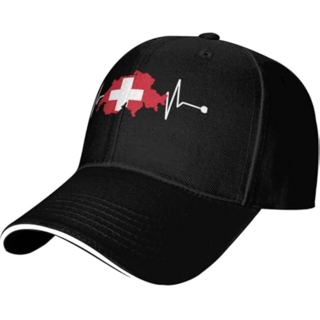 Swiss Flag Heartbeat Map Baseball Cap Cotton Adjustable Casual Summer Hat for Men Women