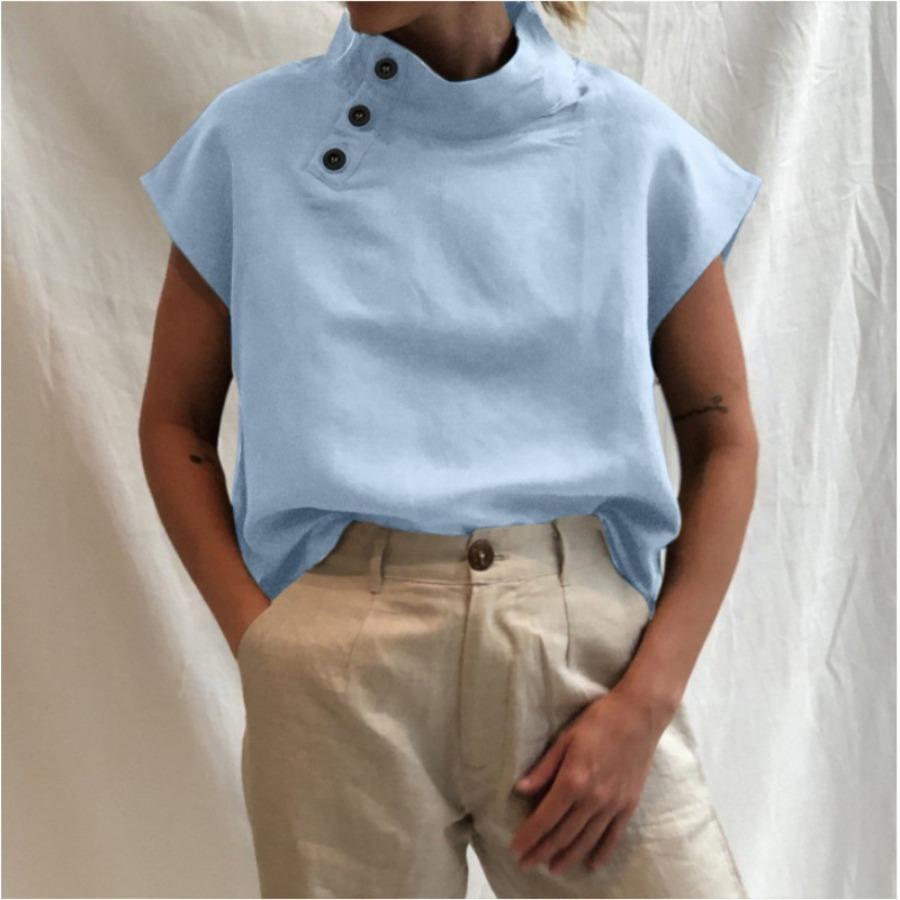 Womens Casual Blouse Summer Side Button Cotton Blouse Solid Color Short Sleeve Linen Tops Casual Ladies Breathable Shirt