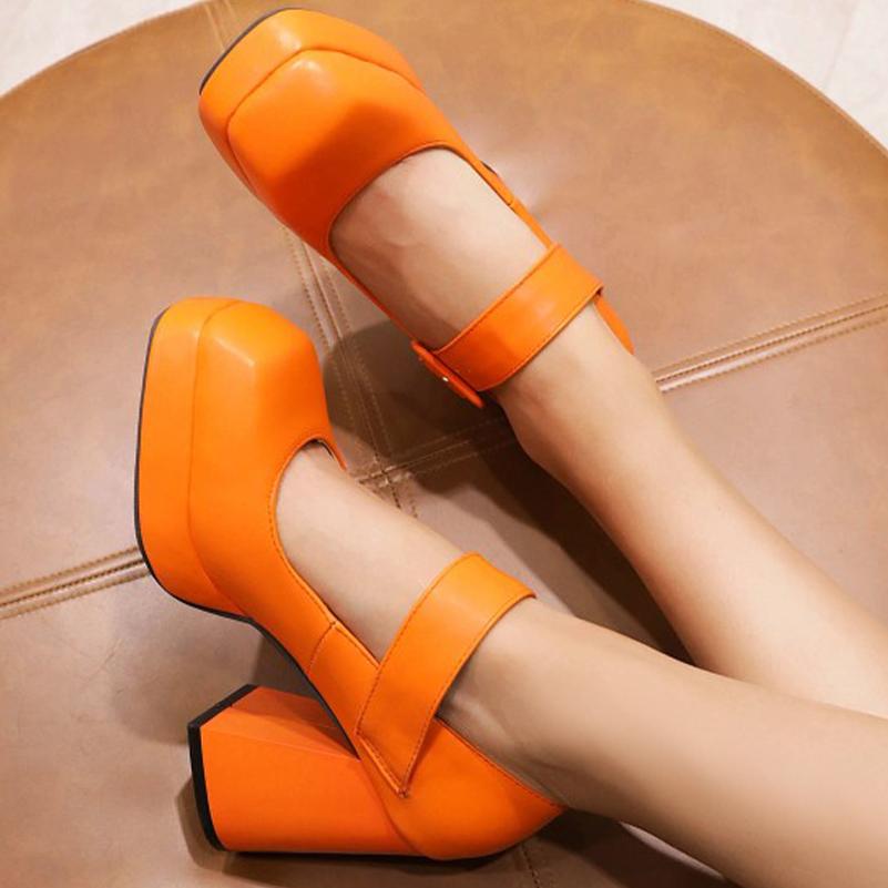 Женские туфли-лодочки из искусственной кожи на толстом высоком каблуке с квадратным носком, лаконичные вечерние туфли Мэри Джейн на весну и осень, черные, белые, красные туфли на платформе