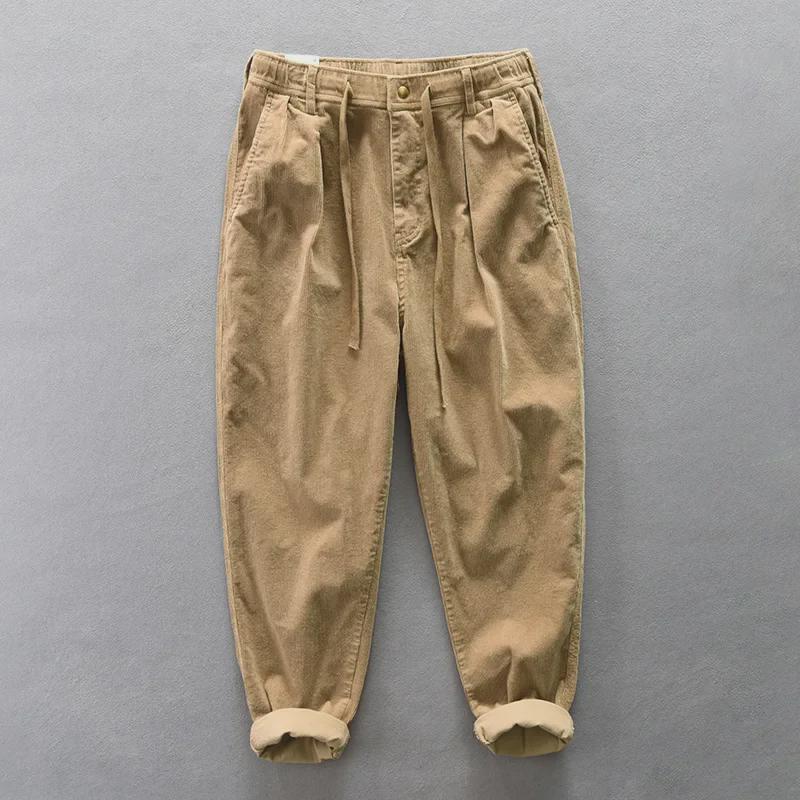 Мужские свободные широкие повседневные брюки Z398 цвета хаки из вельвета, хлопковые брюки на осень