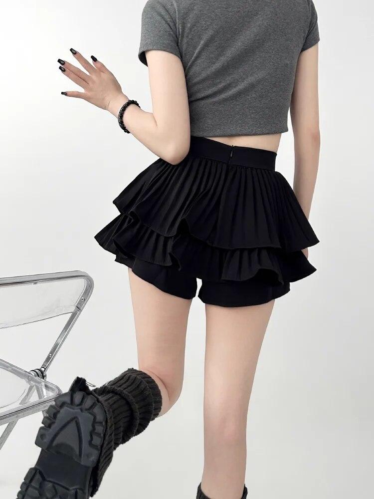 Kawaii Mini Skirt Women High Waist Ruffled Pleated Tulle Cake Slim Skirt Shorts Female Korean White Lolita Skirt Large Size