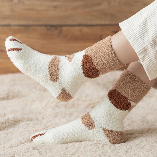 5 Pairs Women Socks Thick Coral Fleece Cartoon Cat Paw Shape Color Matching Mid Tube Elastic Anti-slip Warm Daily Home Wear Socks