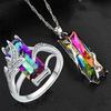 Радужный камень Древо жизни кулон ожерелье набор колец для женщин мужчин длинная цепочка из хрустального стекла листья квадратные ожерелья эффектные ювелирные изделия
