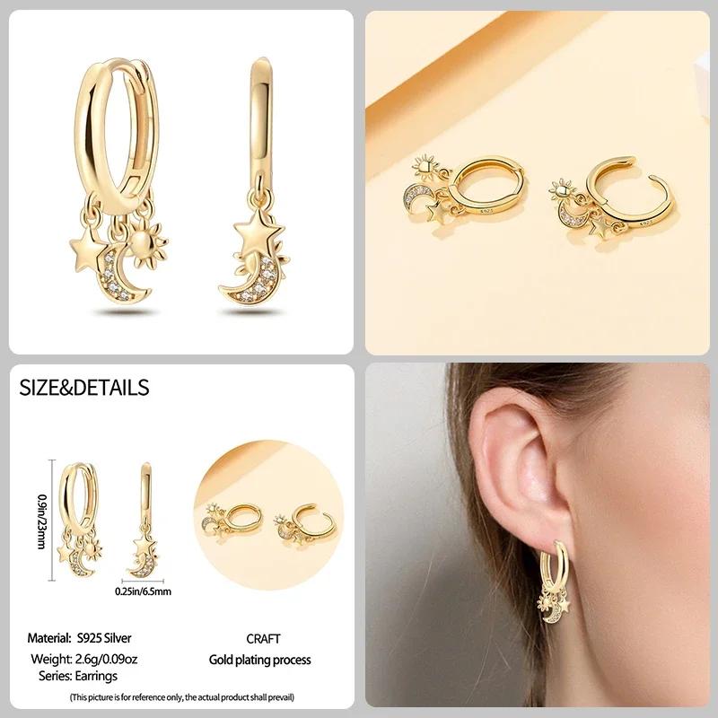 925 Silver Gold Star Moon Bee Pendant Golden Earrings for Women Sparkling Zircon Luxury Wedding Engagement Jewelry Gift