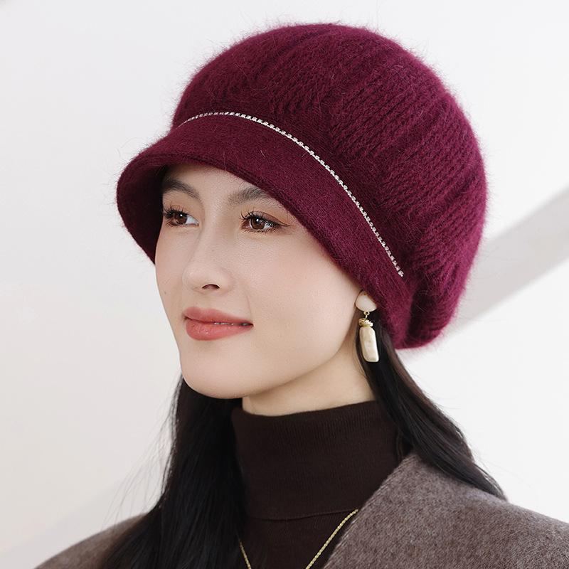 Mom's rabbit fur double-layer thickened warm knitted hat, women's autumn and winter middle-aged and elderly grandma newsboy hat, ear protection hat