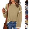 Women's Solid Color Loose Casual Patchwork Knitted Pullover Sweater Round Neck Long Sleeved Sweater Top