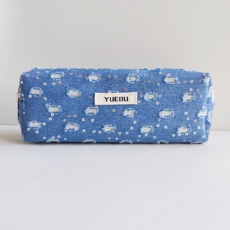 Water Washable Denim Sequin Pencil Pouch With Large Capacity For Students And Office Use