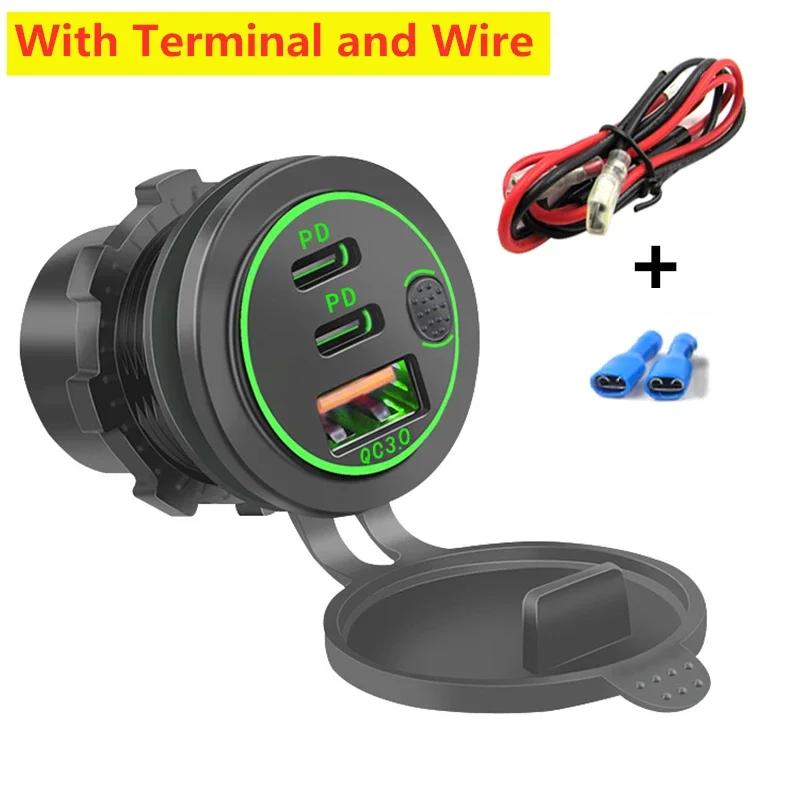 Dual PD & QC 3.0 3-Ports Quick Charge 112W Aperture Car Fast Charger Outlet Socket For 12V 24V Motorcycle Boat Marine Truck ATV
