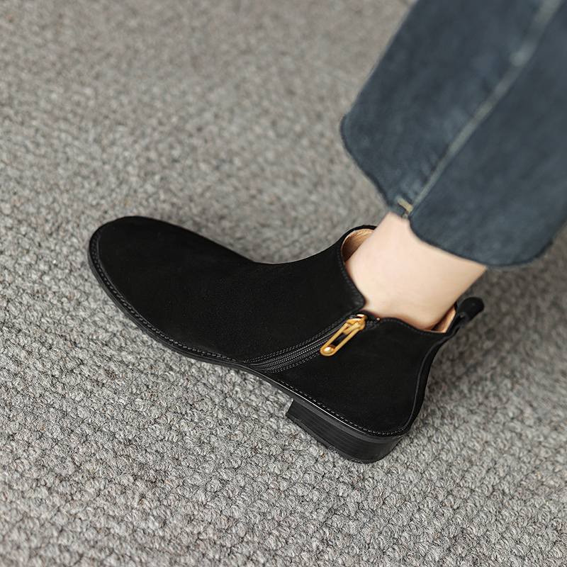 Krazing Pot Зимние ботинки челси из коровьей замши с круглым носком на среднем каблуке, женские ботильоны на молнии, большой размер 43, базовый дизайн