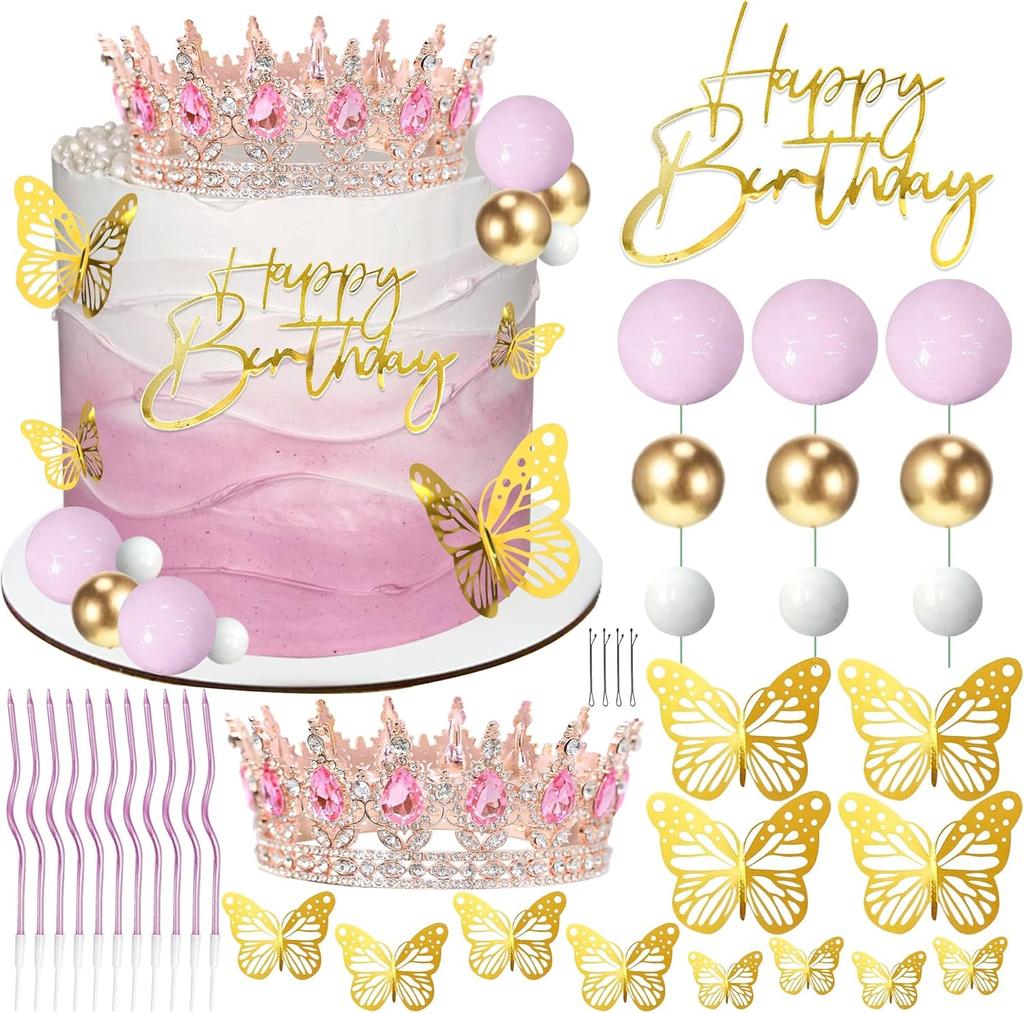 Корона Топпер для Торта, Шарики С Днем Рождения Топпер для Торта Корона Свечи на День Рождения Золотые Бабочки, Корона Para Pastel, Украшение для Торта