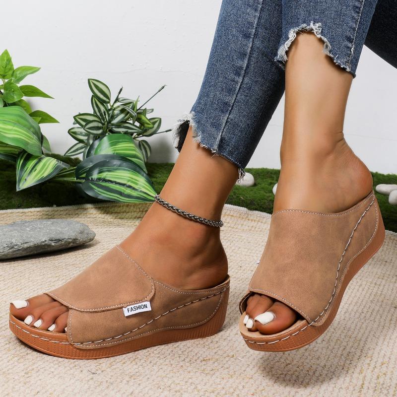 Большой размер тапочки на танкетке повседневные женские туфли лето новые широкие полосы простые модные тапочки с открытым носком женские