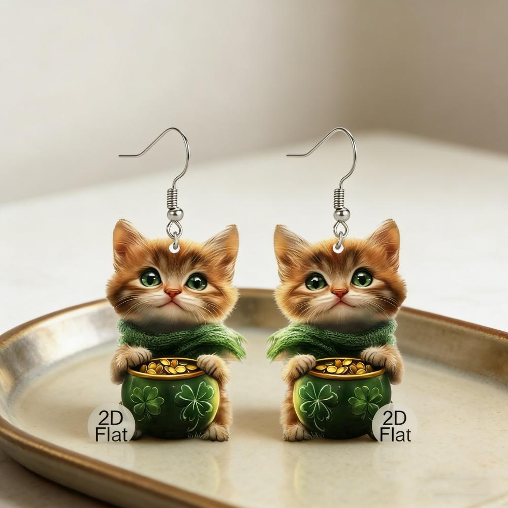 Cute Cats Acrylic Earrings 2D Flat Kitten Dangle Earrings for Women Funny Animal Jewelry Gift St. Patrick's Day Party Accessory
