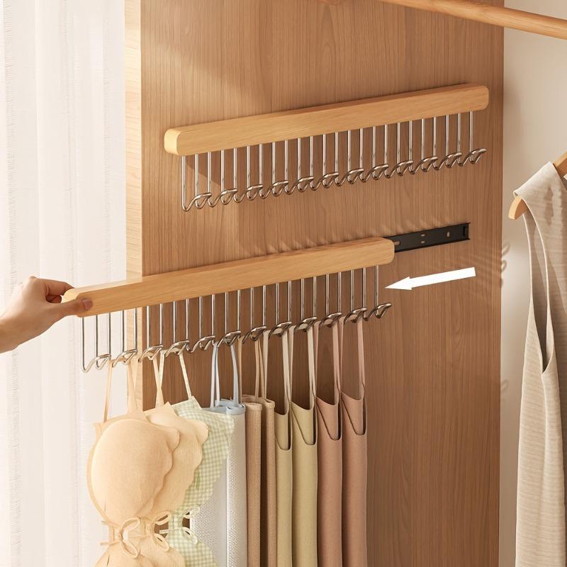Multifunctional Retractable Wooden Hangers with Retractable Hooks - Versatile for Clothing and Kitchen Storage