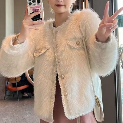 Французское пальто высокого класса для женщин на осень и зиму, новый стиль, свободный круглый вырез, утолщенный кардиган из искусственного меха лисы, модный