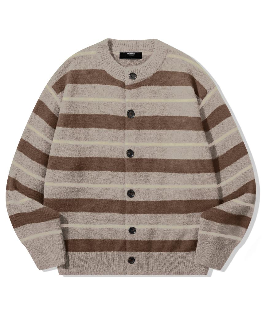 TRILLION Washable Hairy Striped Button Cardigan Knit_Beige