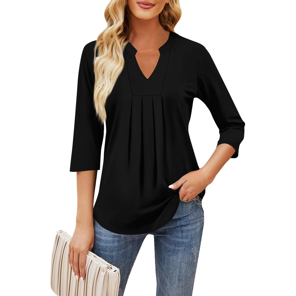 Women's Seven-quarter Sleeve Tops Casual V-neck Chest Ruffles Solid Color Loose T-shirt Tops