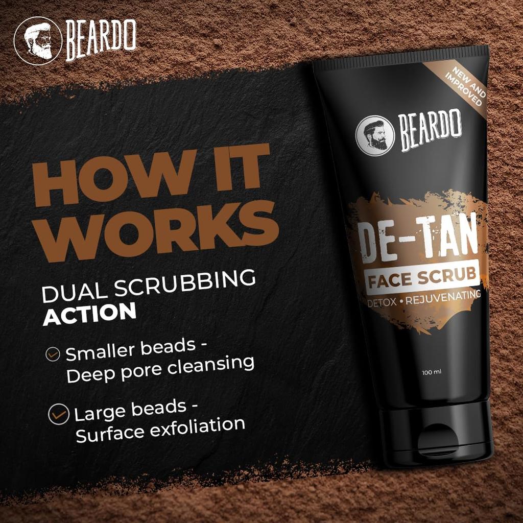 Beardo De-Tan Kit For Men Set of 3 – Face Wash 200ml, Scrub 100ml & Body Wash 200ml for Tan Removal and Hydrated Skin