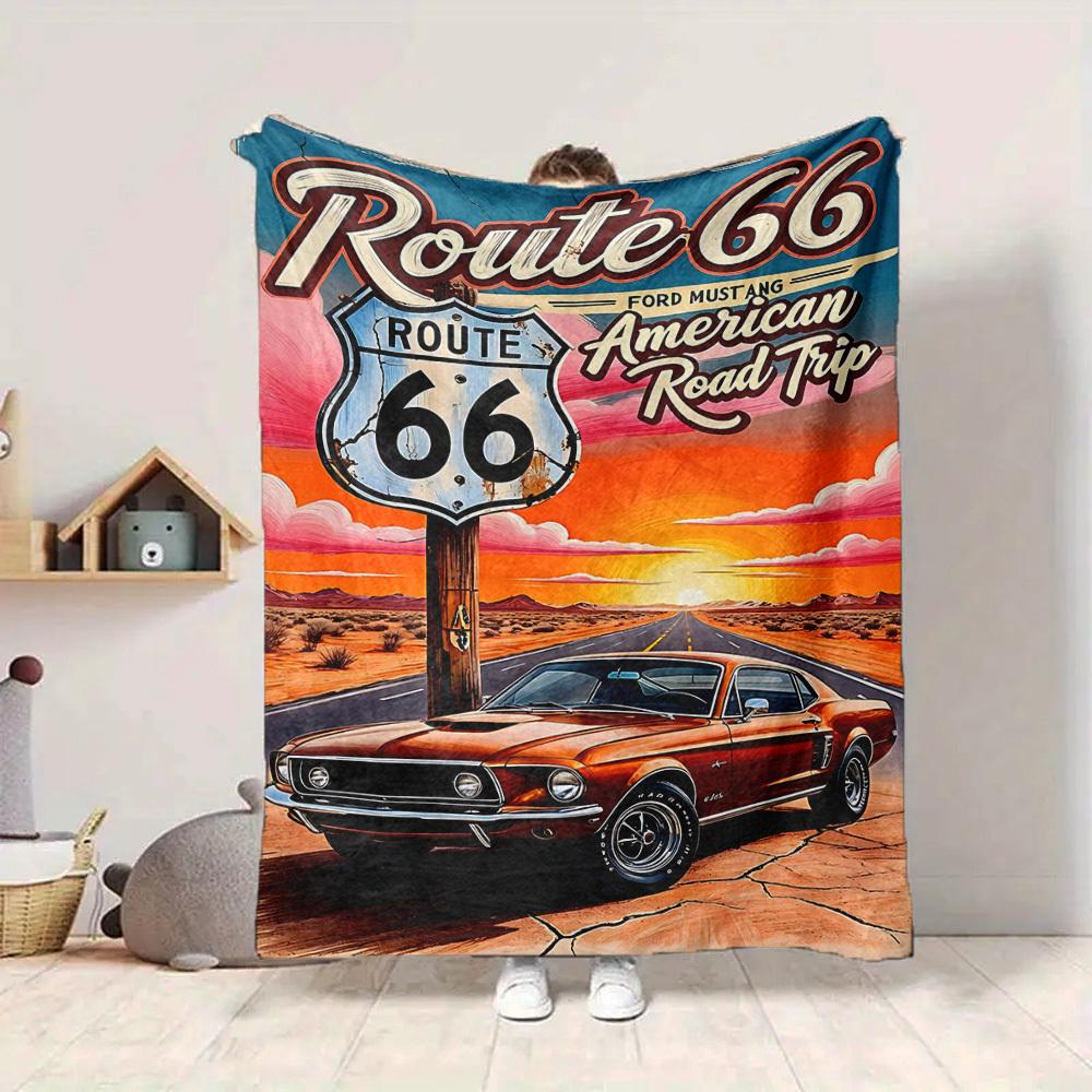 1pc Route 66 Flannel Blanket [Cozy Throw Blanket] For Sofa, Bed, Travel, Camping, Livingroom, Office, Couch, Chair, And Bed