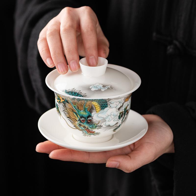 Фарфоровый гайвань Longteng Jade Sancai. Высококлассные бизнес-подарки для ведущих преподавателей и отцов, высококачественные сувениры для ежегодного собрания компании