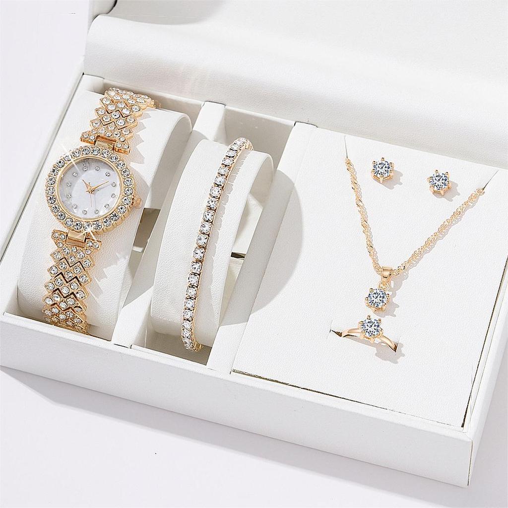 Popular Accessory Set Women's Alloy Quartz Watch Necklace Ring Combination WristWatch Luxurious 6PCS Set Fashionable Earrings Bracelet