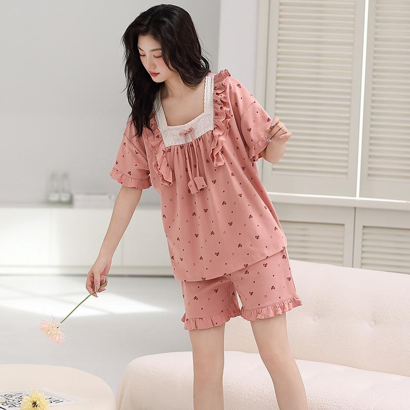 Пижама женская из чистого хлопка с короткими рукавами, студенческий пуловер с рисунком из хлопка, корейская версия, женская домашняя одежда
