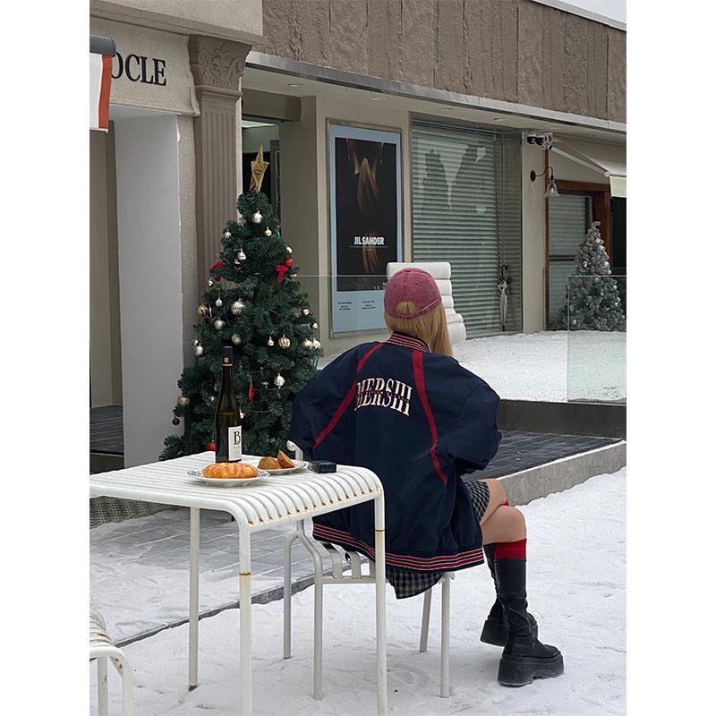 Women's 2023 Oversize Black Retro Baseball Jacket for Spring and Autumn