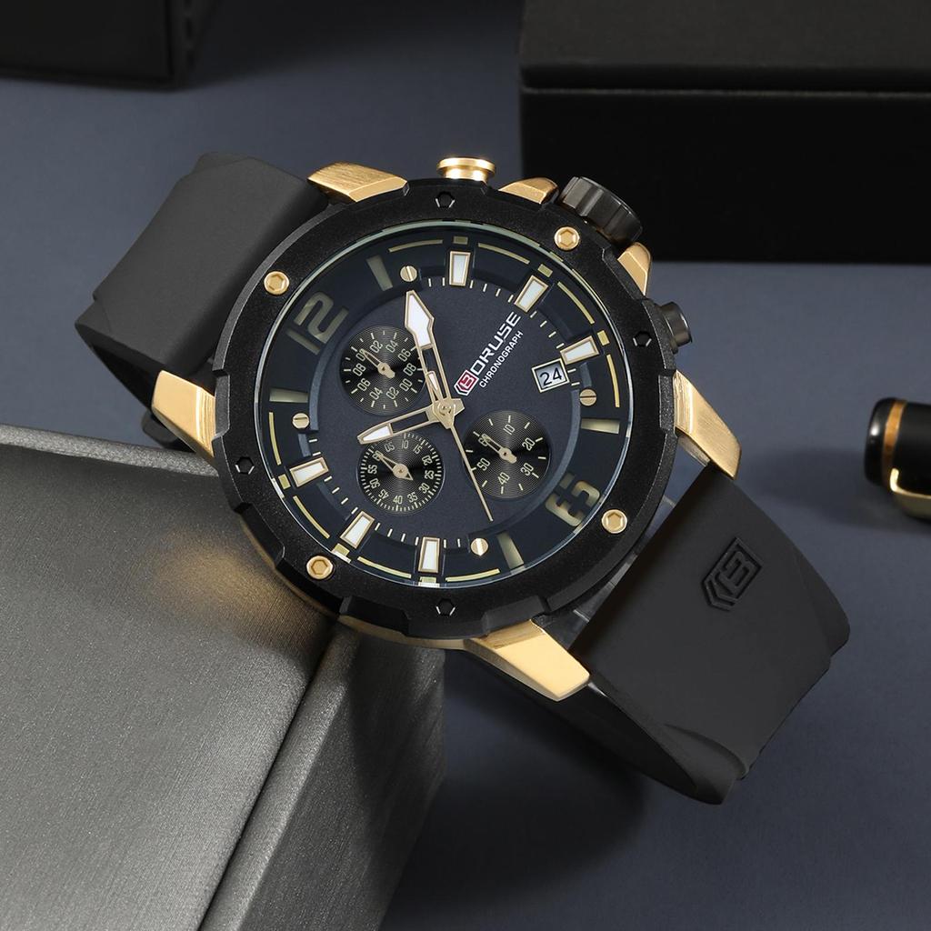 BORUSE Мужские часы Мужские часы с большим циферблатом Силиконовый ремешок Мужские кварцевые часы Классические деловые часы Многофункциональные часы-хронограф