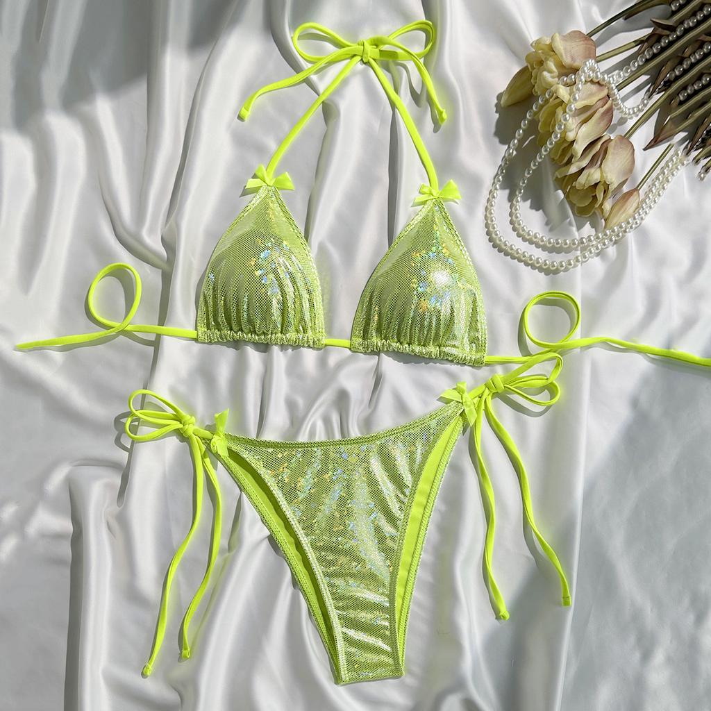 Purple Shiny Bow Swimwear Sexy String Halter Micro Bikini Thong Swimsuit Woman 2026 Bathing Suit Triangle Bikinis Sets