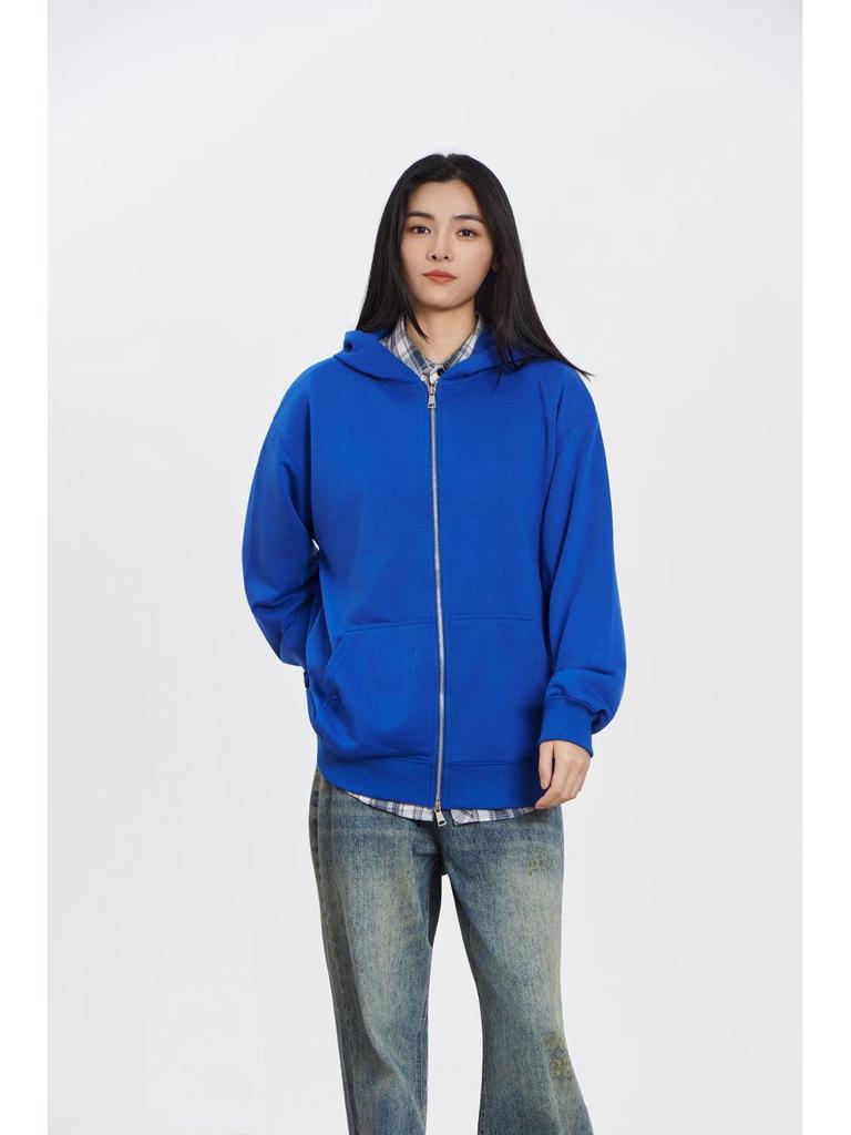 Unisex Cotton Terry Embroidered Fish Zipper Cardigan with Pockets - Loose Fit for Autumn/Winter Sports.