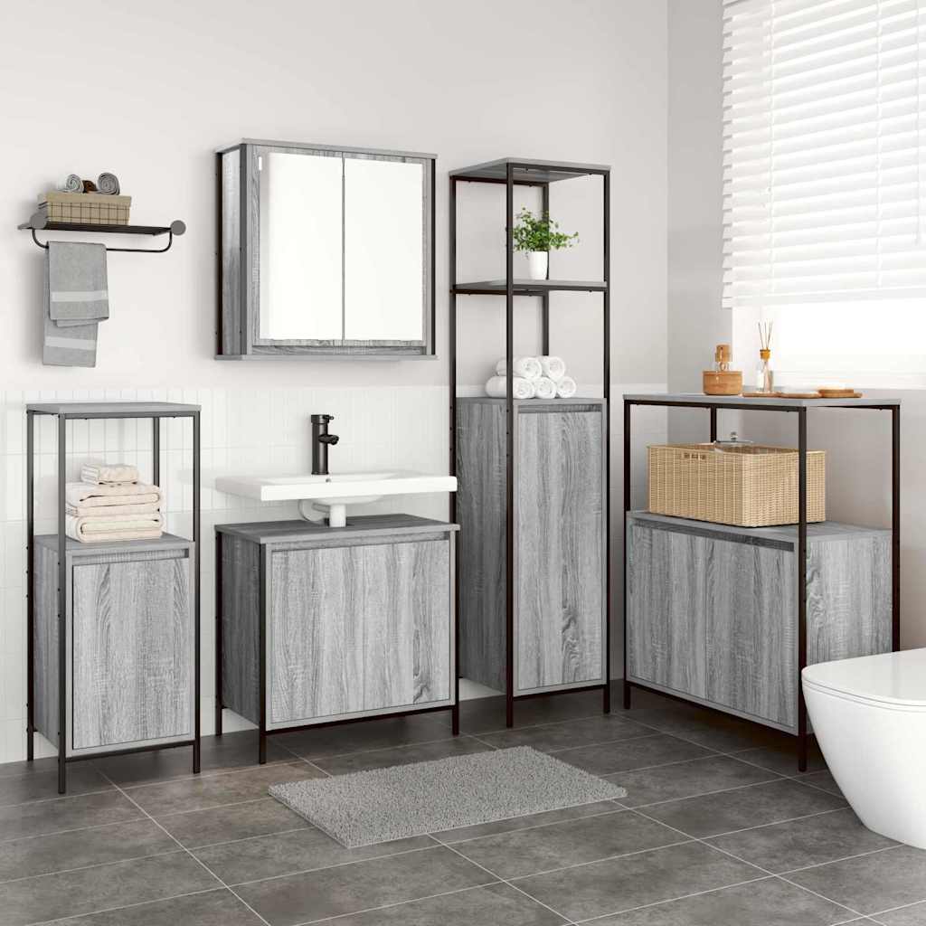 5 piece bathroom furniture set gray Sonoma and black wood based material