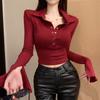 French Commuter Style T-shirt Women's Fashion Half Open Neck Flare Long Sleeved Solid Color Bottom Top Autumn/Winter Short Top