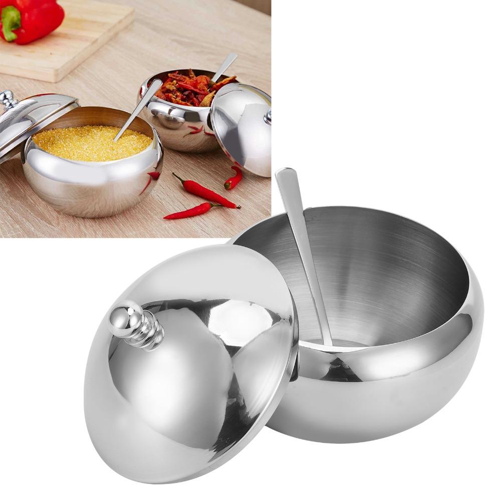 304 Stainless Steel Sugar Bowl with Lid and Spoon Spice Jar Storage Jar  Restaurant