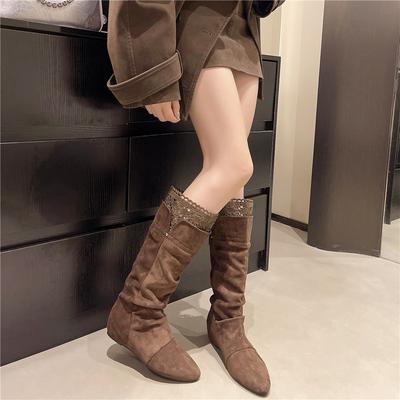 Осень-Зима 2025 Сапоги-рыцари из замшевого ворса на танкетке, женские сапоги, облегающие сапоги средней высоты