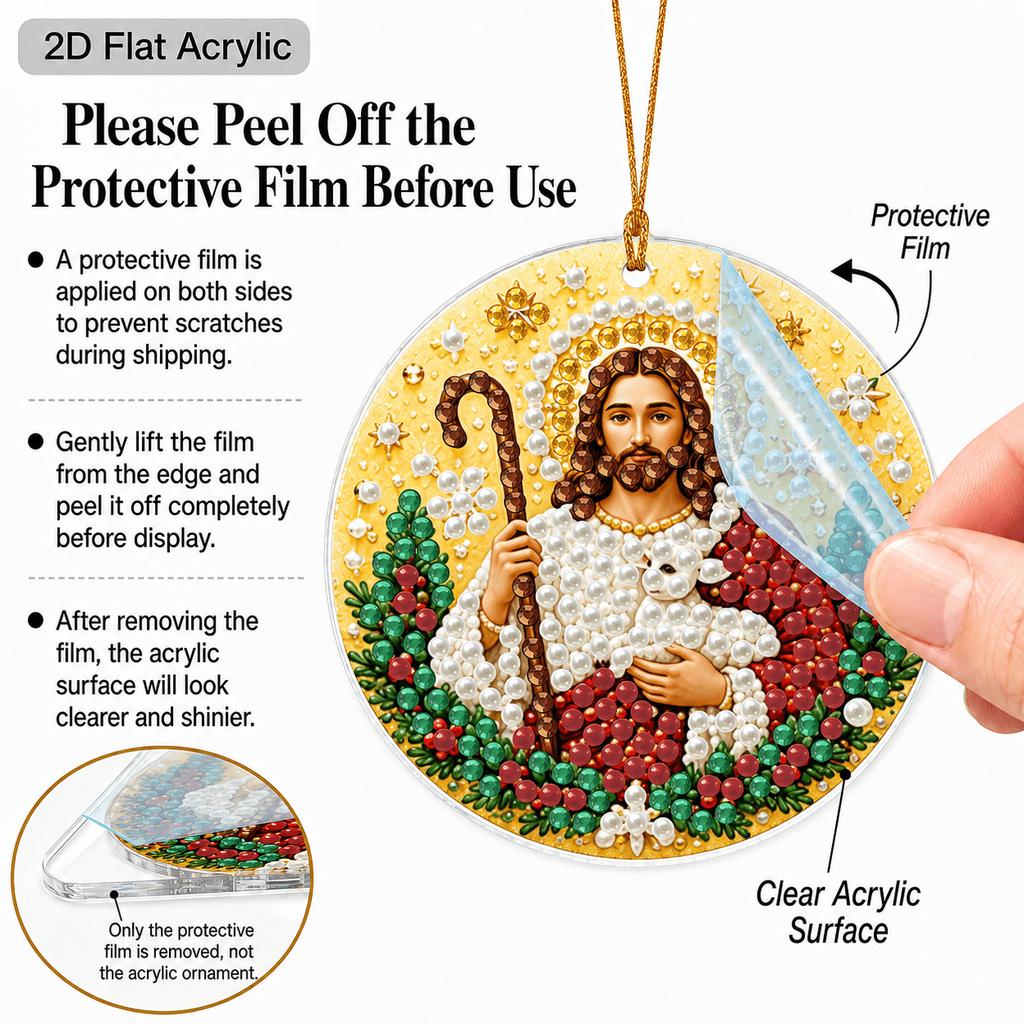 2D Flat 12pcs DIY Acrylic Pearl Diamond Painting Christmas Ornaments Kit, Round & Snowflake Shaped Acrylic Tree Hanging Decorations with Nativity