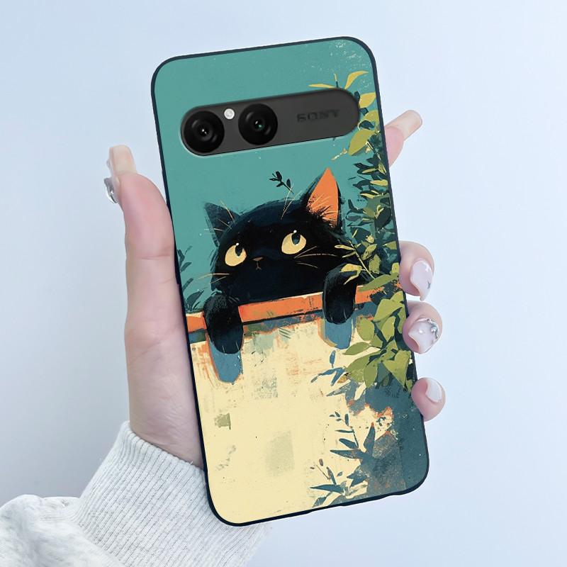 Cute Case For Sony Xperia 10 VII Fundas Capa Printing Shell Protective Cover Soft Silicone Cartoon Black Casing Coque