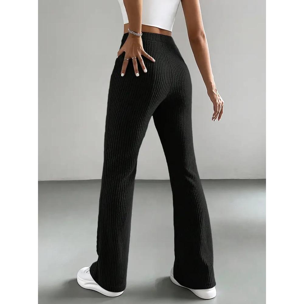 Womens Bell Bottom Pants  Casual Elastic Waist Trousers Solid Color Ribbed Knit Flare Pants