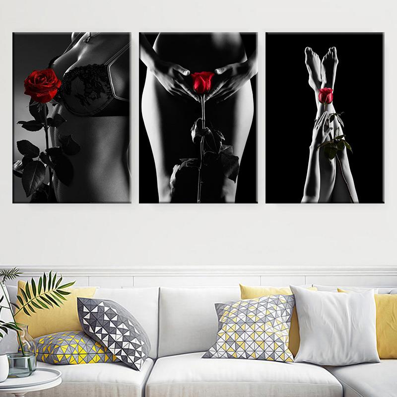 Sexy Woman Nude Posters and Prints Portrait Canvas Painting Red Rose Pictures Wall Art for Living Room Home Decor No Frame