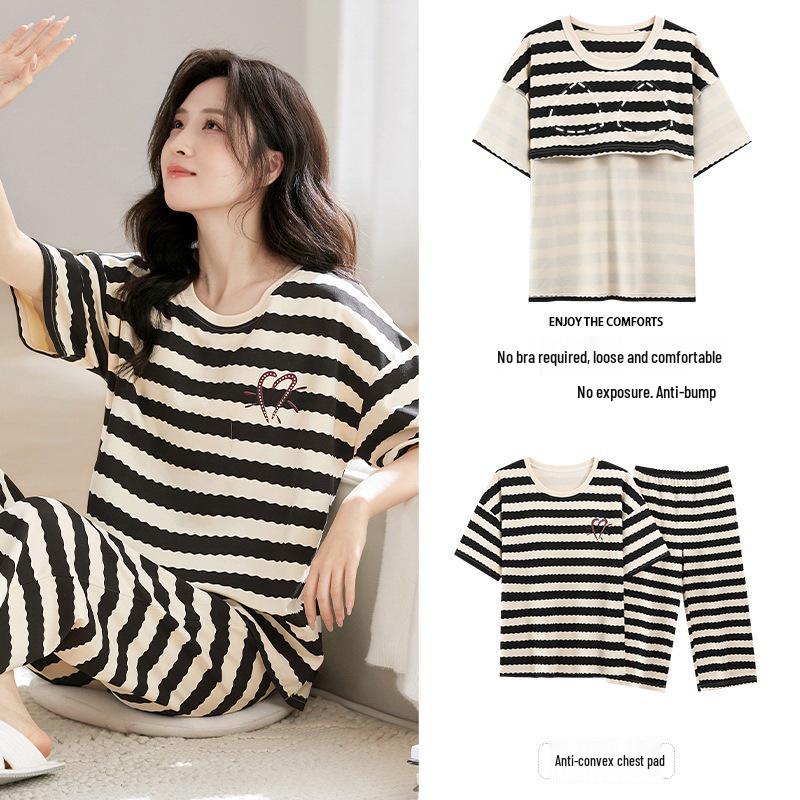 Женский летний капри-пижамный комплект 2025: Тонкий хлопок с коротким рукавом и нагрудными вкладышами, универсальный для ношения дома или на улице