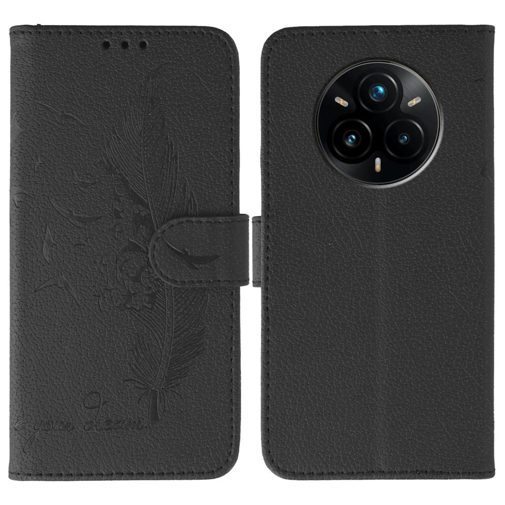 For Realme 14 Pro+ 5G Case Feather Imprint PU Leather Wallet Phone Cover