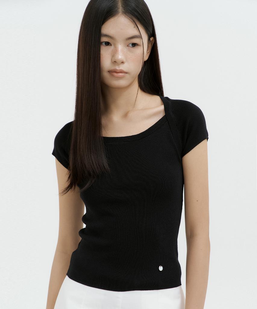 LUCIR ZU Boatneck Bolero Knit Top (Black)