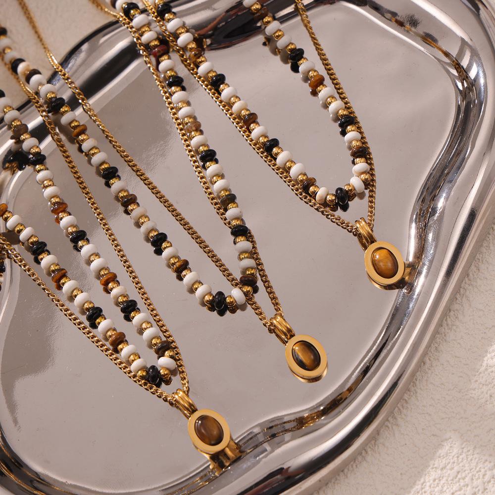 Двухслойное ожерелье из бусин тигрового глаза с титановой стальной цепочкой для ключицы