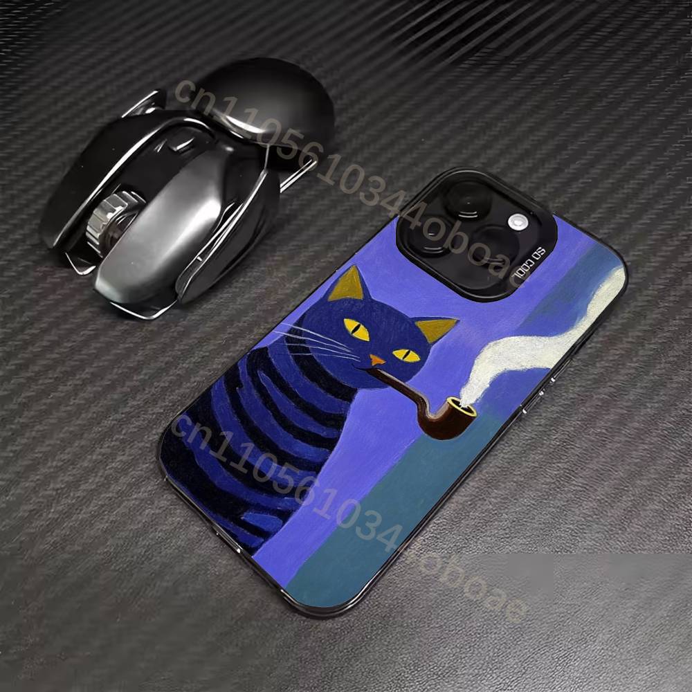 Ретро Масляная Живопись Черная Кошка Чехол для Телефона Для iPhone 17,16,15,14,13,12,11,Pro,Max,Plus Мягкий Черный Чехол
