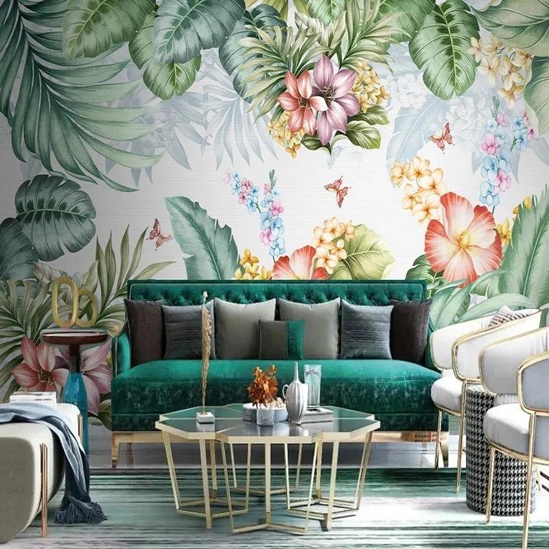 Обои Nordic Hand Painted Green Leaves Flowers Birds Murals Living Room Tv Sofa Bedroom 3d Mural Home Decor