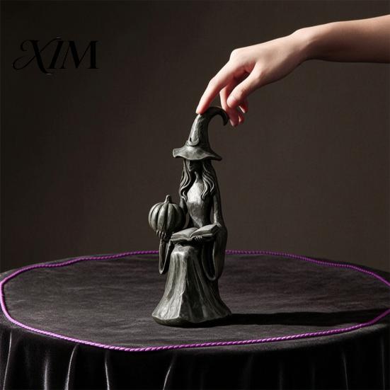 Indoor Holiday Seasonal Display Pumpkin Witch Ornament, Halloween Gothic Style Tabletop Figurine, Retro Home Decor Ornament PLA Statue for Bookshelf
