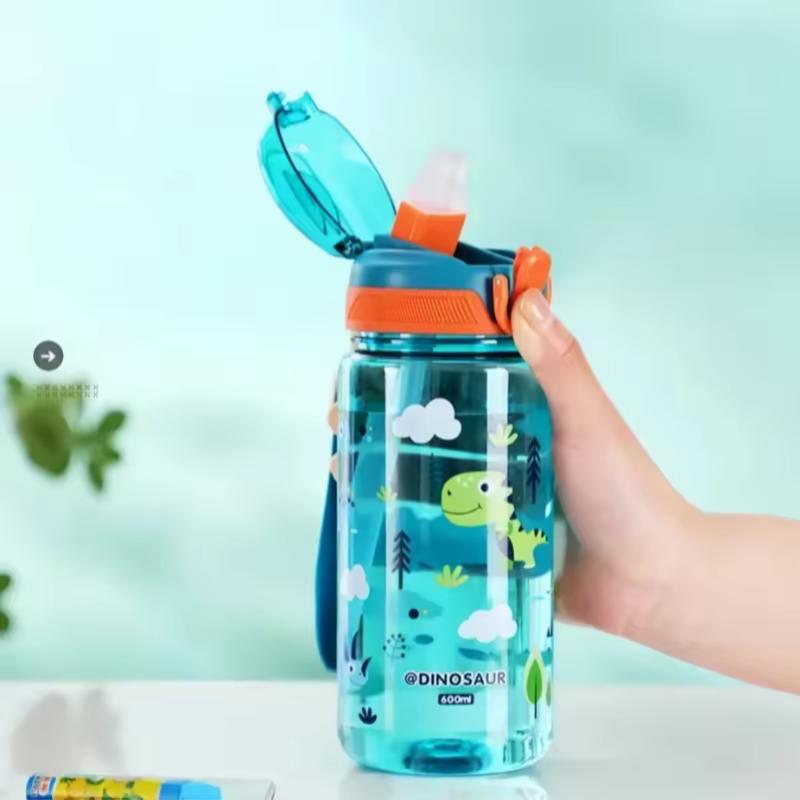 600ml Cute Water Bottle with Silicone Straw Leakproof Dinosaur Rabbit Design Portable Outdoor Sports Drinkware for School Travel