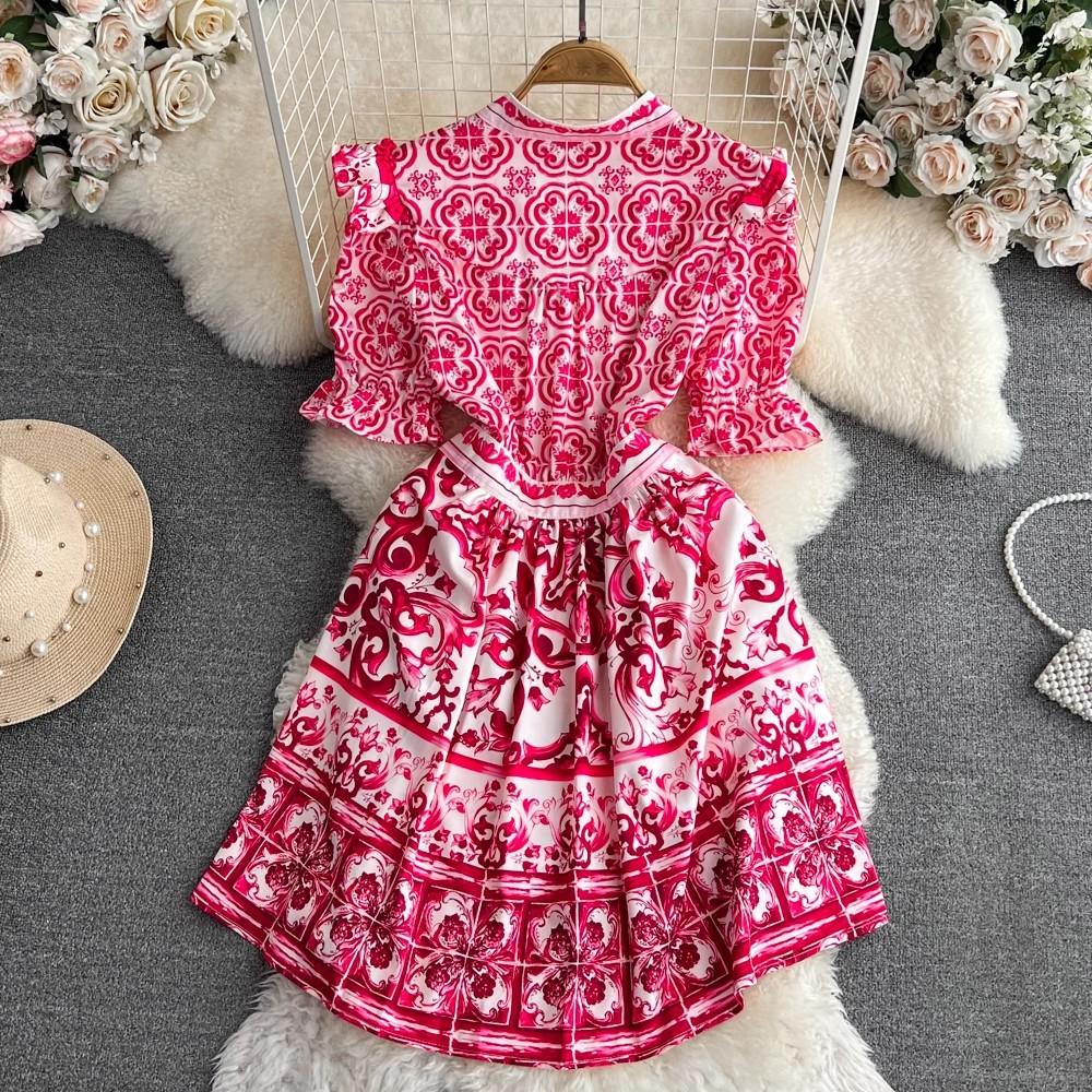 Летнее подиумное красно-синее фарфоровое вечернее платье, женские пляжные мини-платья с v-образным вырезом и расклешенными рукавами, оборками и пуговицами с цветочным принтом