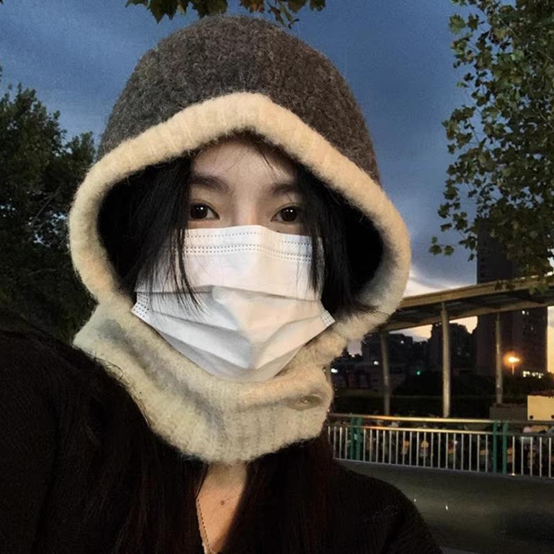Японская Осень и Зима Новая Теплая Шапка Шарф Интегрированный Женский Для Пар Защита Ушей Вязаная Шапка Модная Балаклава