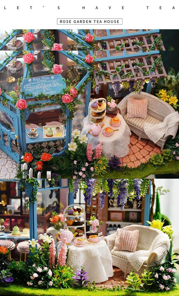 moin moin Dollhouse Miniature Handmade Kit Set Tea House with Rose Tea Flowers Flower Shop Vinyl House Cafe UK Light Acrylic Case Music Box Set