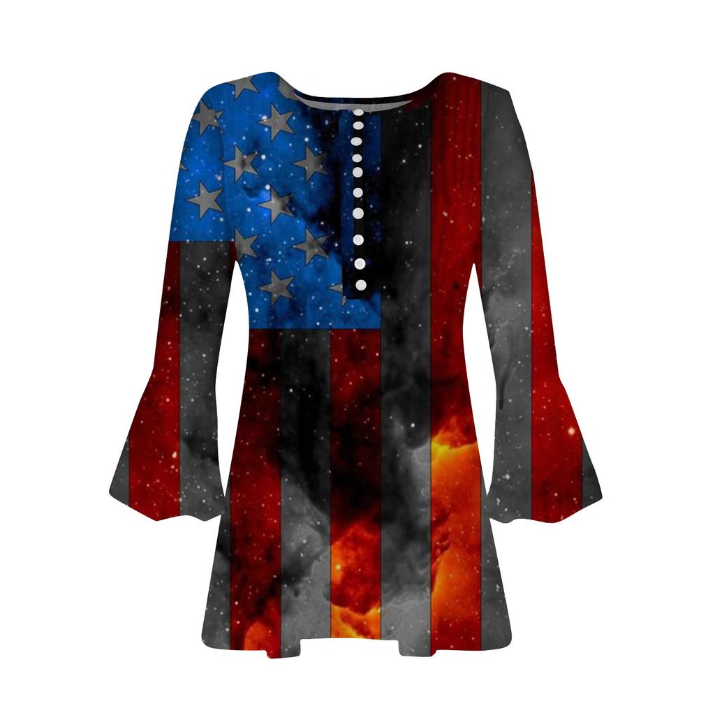 Женская модная футболка с короткими рукавами и v-образным вырезом с принтом ко Дню независимости с седьмым рукавом