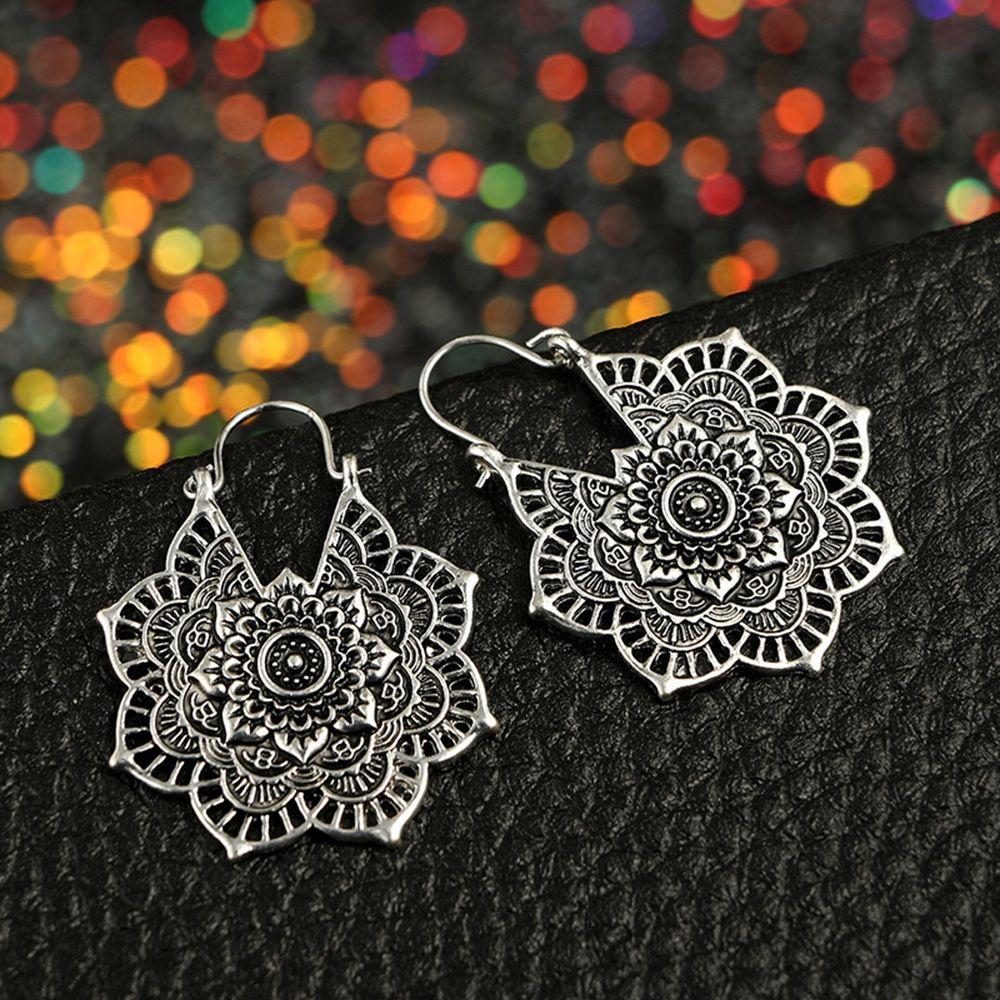 Vintage Tribal Gypsy Mandala Flower Pendant Dangle Ear stud Hollow Out Floral Earring